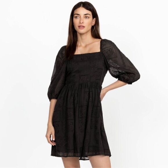 NWT- JOHNNY WAS- ELLA SILK COTTON MINI DRESS BLACK EYELET PUFF SLEEVES, Size XL - Picture 2 of 16
